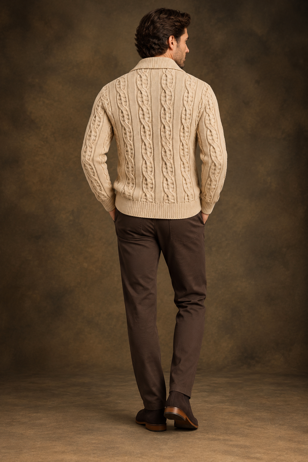 Quiet Terrain Men’s Classic Cable Knit Open-Front Shawl Collar Cardigan