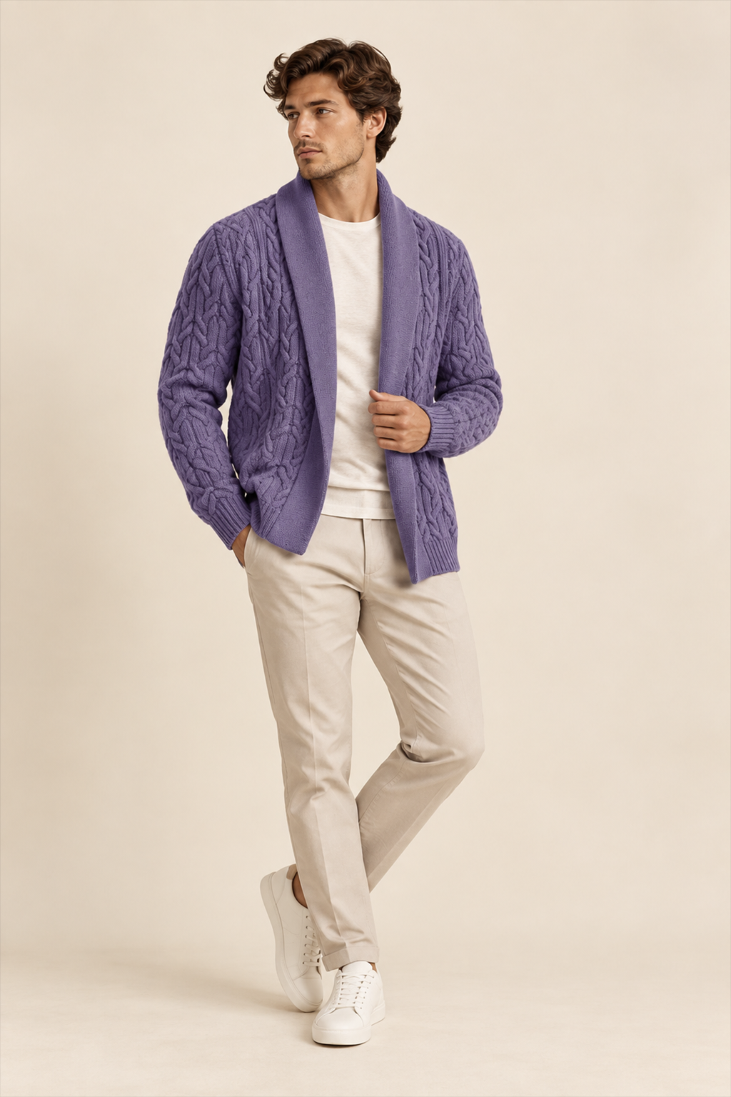 Men’s Cable Knit Shawl Collar Cardigan – Lavender