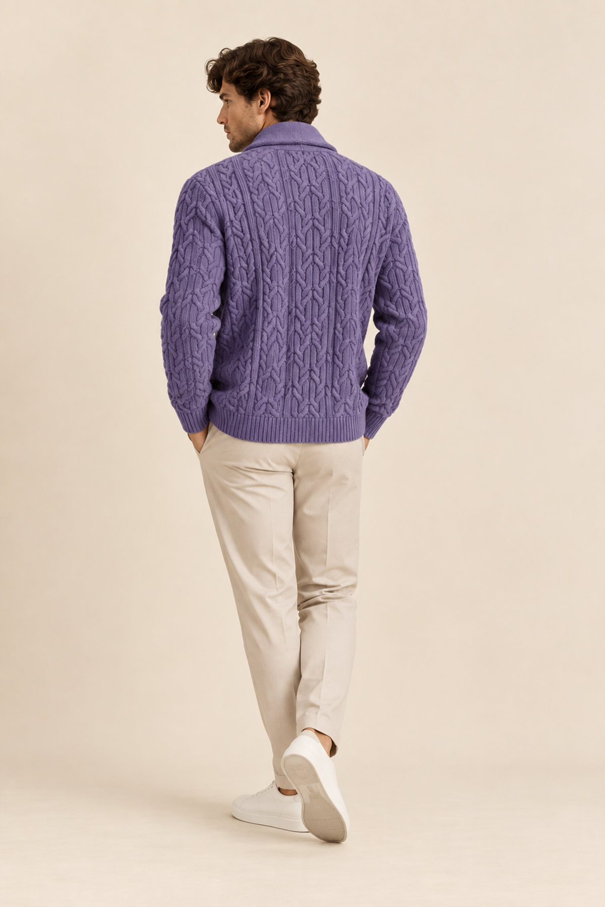 Men’s Cable Knit Shawl Collar Cardigan – Lavender