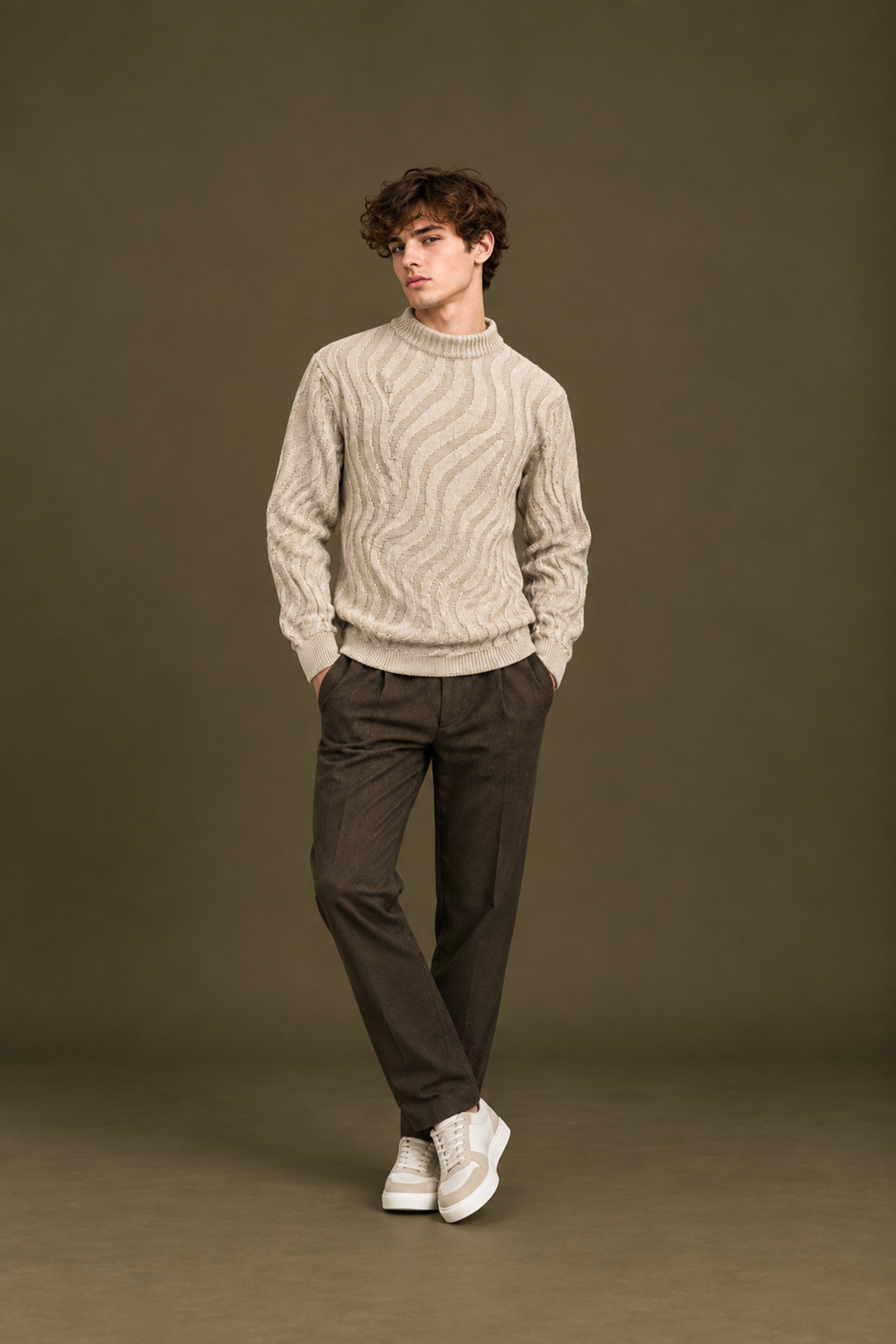 Men’s Textured Wave Knit Mock Neck Sweater