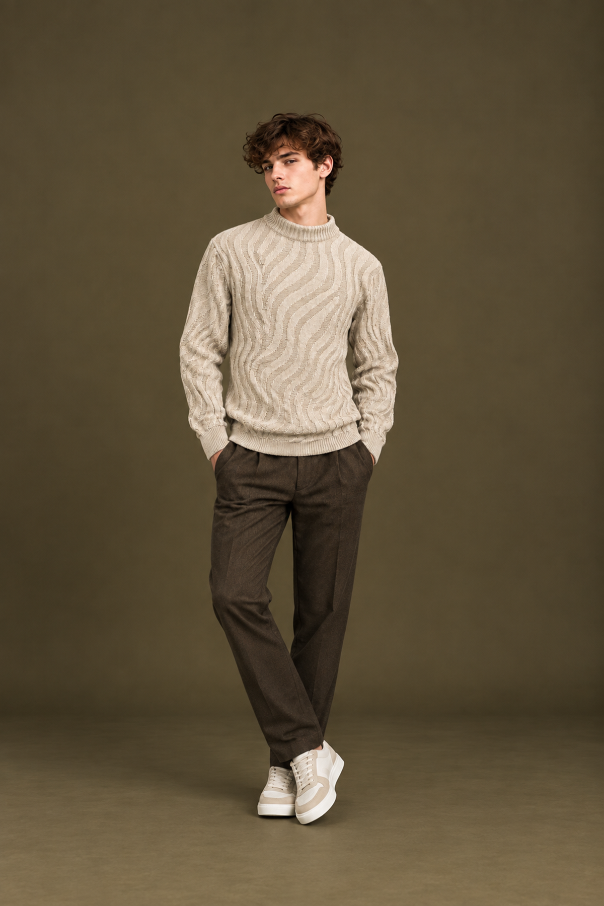 Men’s Textured Wave Knit Mock Neck Sweater