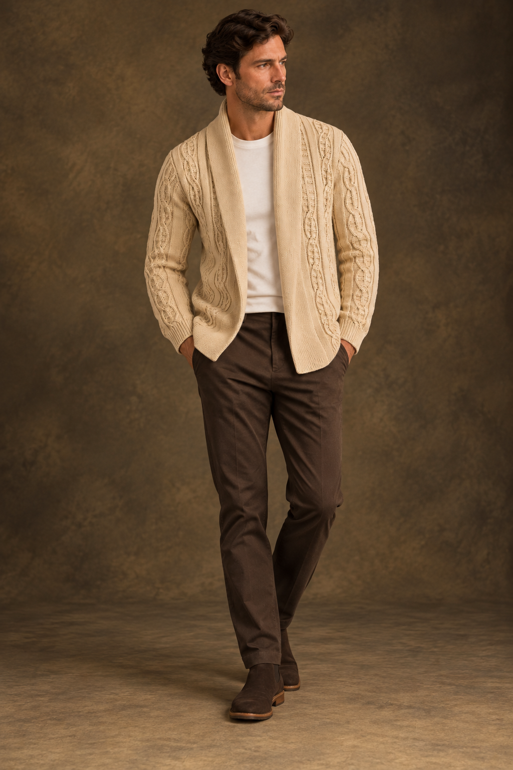 Quiet Terrain Men’s Classic Cable Knit Open-Front Shawl Collar Cardigan