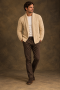 Quiet Terrain Men’s Classic Cable Knit Open-Front Shawl Collar Cardigan