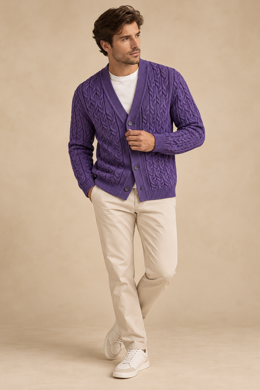 Quiet Terrain Men’s Cable Knit Shawl Collar Cardigan – Lavender
