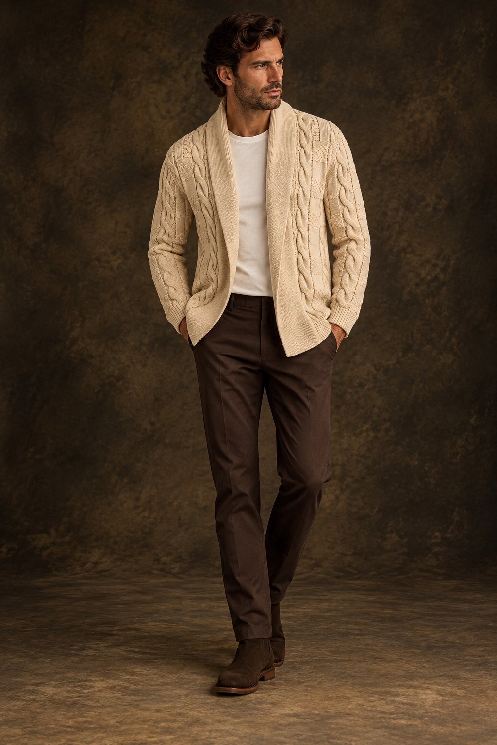 Quiet Terrain Men’s Premium Cable Knit Open-Front Shawl Collar Cardigan