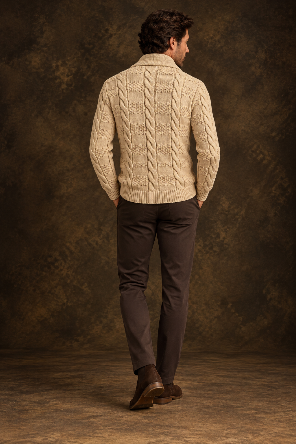 Quiet Terrain Men’s Premium Cable Knit Open-Front Shawl Collar Cardigan