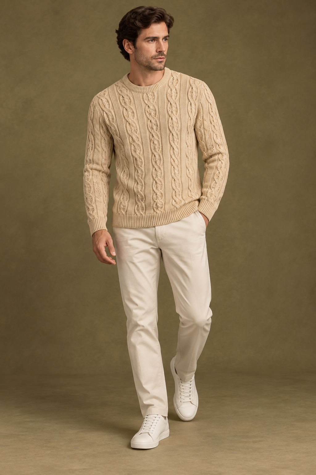 Quiet Terrain Men’s Classic Cable Knit Crew Neck Jumpe