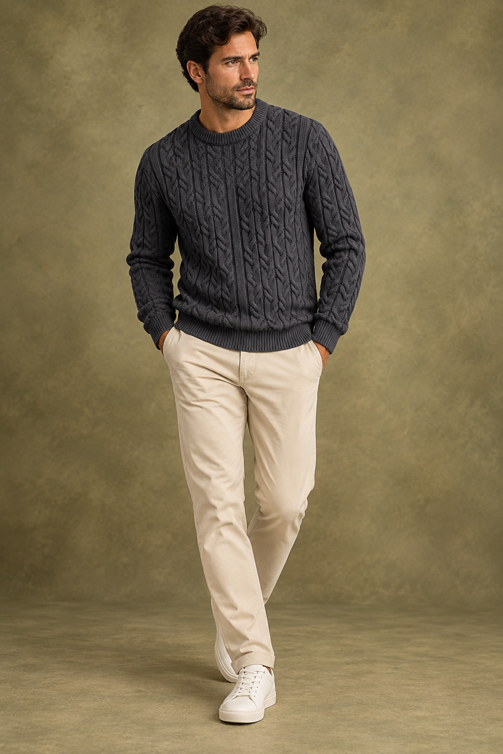 Quiet Terrain Men’s Classic Cable Knit Crew Neck Jumper